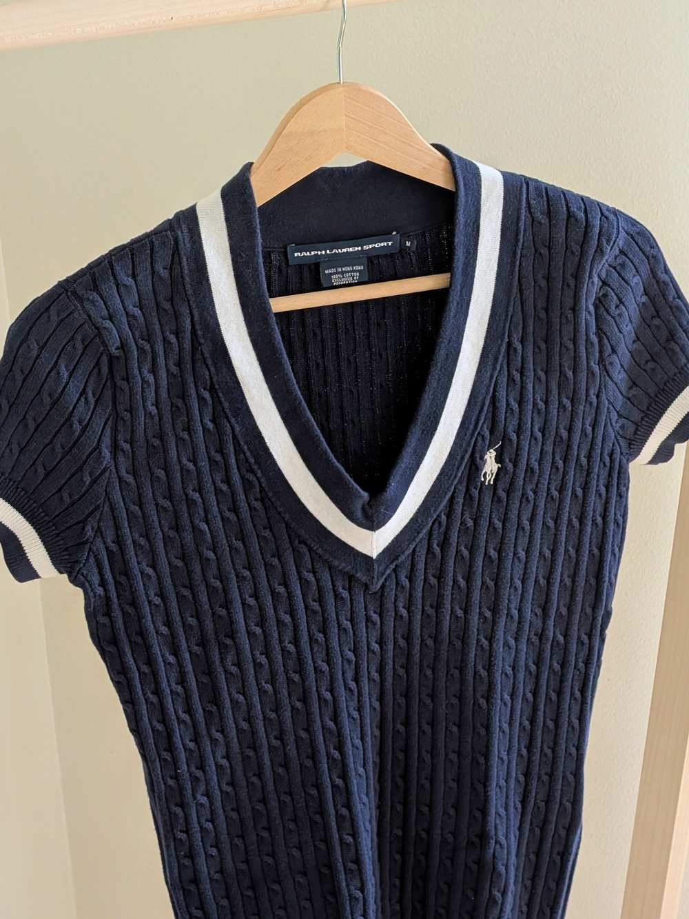 Vintage Ralph Lauren Varsity Striped Cable Knit V-neck Polo Tee In Navy/White - Picture 2 of 5